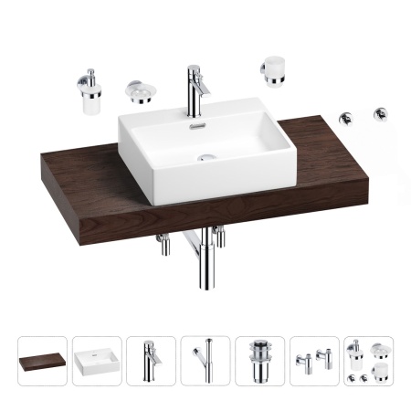 Раковина 50 см со столешницей 100 см Wellsee Graceful Pro 201012486 в наборе 10 в 1: столешница, раковина, смеситель, сифон, донный клапан, угловые вентили, аксессуары (цвет хром)