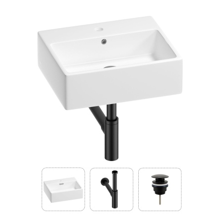 Раковина для ванной Wellsee Graceful Pro 201001342 в наборе 3 в 1: прямоугольная раковина белого глянцевого цвета, сифон, донный клапан в цвете матовый черный