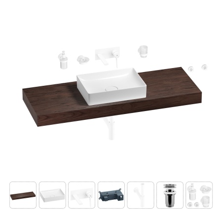 Раковина 50 см со столешницей 140 см Wellsee Pure BY Wellsee 201011510 в наборе 9 в 1: столешница, раковина, встраиваемый смеситель, сифон, выпуск, аксессуары (цвет набора матовый белый)