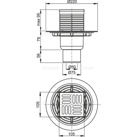 Сливной трап Alcaplast 105х105/50/75 подводка прямая решетка нерж.сталь комбинир. затвор APV2321