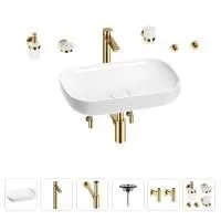 Раковина для ванной Wellsee Croquis 201005628 в наборе 9 в 1: раковина белого глянцевого цвета, высокий смеситель, сифон, выпуск, угловые вентили, аксессуары (цвет золото)