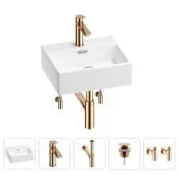 Раковина для ванной Wellsee Graceful Pro 201004559 в наборе 5 в 1: раковина белого глянцевого цвета, смеситель, сифон, донный клапан, угловые вентили (цвет набора розовое золото)