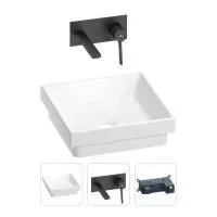 Раковина для ванной Wellsee Doux 201000647 в наборе 2 в 1: квадратная раковина белого глянцевого цвета, встраиваемый смеситель в цвете матовый черный