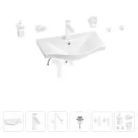 Раковина для ванной Wellsee Bisou 201007245 в наборе 9 в 1: раковина белого глянцевого цвета, смеситель, сифон, донный клапан, угловые вентили, аксессуары (цвет набора матовый белый)