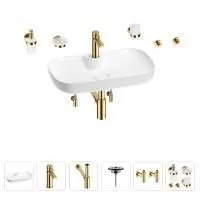 Раковина для ванной Wellsee Croquis 2.0 201005833 в наборе 9 в 1: раковина белого глянцевого цвета, смеситель, сифон, выпуск, угловые вентили, аксессуары (цвет набора золото)