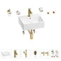 Раковина для ванной Wellsee Graceful Pro 201006663 в наборе 9 в 1: раковина белого глянцевого цвета, смеситель, сифон, донный клапан, угловые вентили, аксессуары (цвет набора золото)