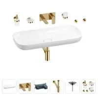 Раковина для ванной Wellsee Croquis 201005738 в наборе 8 в 1: раковина белого глянцевого цвета, встраиваемый смеситель, сифон, выпуск, аксессуары (цвет набора золото)