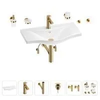 Раковина для ванной Wellsee Bisou 201007423 в наборе 9 в 1: раковина белого глянцевого цвета, смеситель, сифон, донный клапан, угловые вентили, аксессуары (цвет набора золото)
