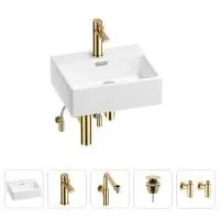 Раковина для ванной Wellsee Graceful Pro 201004573 в наборе 5 в 1: раковина белого глянцевого цвета, смеситель, сифон, донный клапан, угловые вентили (цвет набора золото)