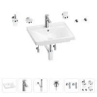 Раковина для ванной Wellsee FreeDom 201006861 в наборе 9 в 1: раковина белого глянцевого цвета, смеситель, сифон, донный клапан, угловые вентили, аксессуары (цвет набора хром)