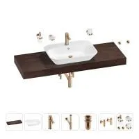 Раковина 65 см со столешницей 140 см Wellsee Eclatant 201013209 в наборе 10 в 1: столешница, раковина, смеситель, сифон, донный клапан, угловые вентили, аксессуары (цвет розовое золото)