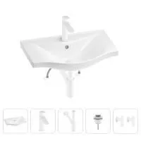 Раковина для ванной Wellsee Bisou 201005180 в наборе 5 в 1: раковина белого глянцевого цвета, смеситель, сифон, донный клапан, угловые вентили (цвет набора матовый белый)
