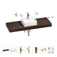 Раковина 43 см со столешницей 140 см Wellsee Graceful Pro 201012364 в наборе 10 в 1: столешница, раковина, смеситель, сифон, донный клапан, угловые вентили, аксессуары (цвет розовое золото)