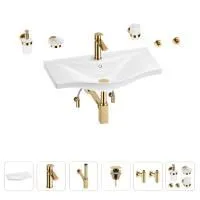Раковина для ванной Wellsee Bisou 201007363 в наборе 9 в 1: раковина белого глянцевого цвета, смеситель, сифон, донный клапан, угловые вентили, аксессуары (цвет набора золото)