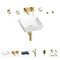 Раковина для ванной Wellsee Doux 201006003 в наборе 8 в 1: раковина белого глянцевого цвета, встраиваемый смеситель, сифон, донный клапан, аксессуары (цвет набора золото)