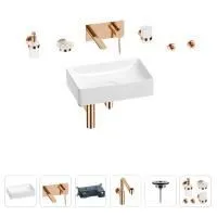 Раковина для ванной Wellsee Pure BY Wellsee 201006349 в наборе 8 в 1: раковина белого глянцевого цвета, встраиваемый смеситель, сифон, выпуск, аксессуары (цвет набора розовое золото)