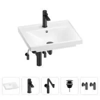 Раковина для ванной Wellsee FreeDom 201004822 в наборе 5 в 1: раковина белого глянцевого цвета, смеситель, сифон, донный клапан, угловые вентили (цвет набора матовый черный)