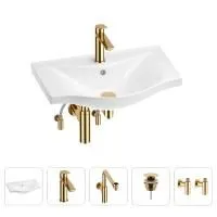 Раковина для ванной Wellsee Bisou 201005218 в наборе 5 в 1: раковина белого глянцевого цвета, смеситель, сифон, донный клапан, угловые вентили (цвет набора золото)