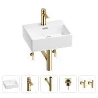 Раковина для ванной Wellsee Graceful Pro 201004553 в наборе 5 в 1: раковина белого глянцевого цвета, смеситель, сифон, донный клапан, угловые вентили (цвет набора золото)