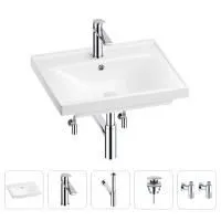 Раковина для ванной Wellsee FreeDom 201004906 в наборе 5 в 1: раковина белого глянцевого цвета, смеситель, сифон, донный клапан, угловые вентили (цвет набора хром)