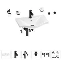 Раковина для ванной Wellsee Bisou 201007292 в наборе 9 в 1: раковина белого глянцевого цвета, смеситель, сифон, донный клапан, угловые вентили, аксессуары (цвет набора матовый черный)