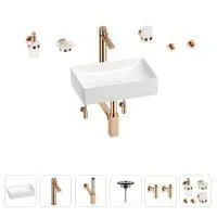 Раковина для ванной Wellsee Pure BY Wellsee 201006294 в наборе 9 в 1: раковина белого глянцевого цвета, высокий смеситель, сифон, выпуск, угловые вентили, аксессуары (цвет розовое золото)