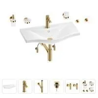 Раковина для ванной Wellsee Bisou 201007438 в наборе 9 в 1: раковина белого глянцевого цвета, смеситель, сифон, донный клапан, угловые вентили, аксессуары (цвет набора золото)
