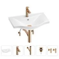 Раковина для ванной Wellsee Bisou 201005199 в наборе 5 в 1: раковина белого глянцевого цвета, смеситель, сифон, донный клапан, угловые вентили (цвет набора розовое золото)