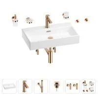 Раковина для ванной Wellsee Graceful Pro 201006734 в наборе 9 в 1: раковина белого глянцевого цвета, смеситель, сифон, донный клапан, угловые вентили, аксессуары (цвет набора розовое золото)