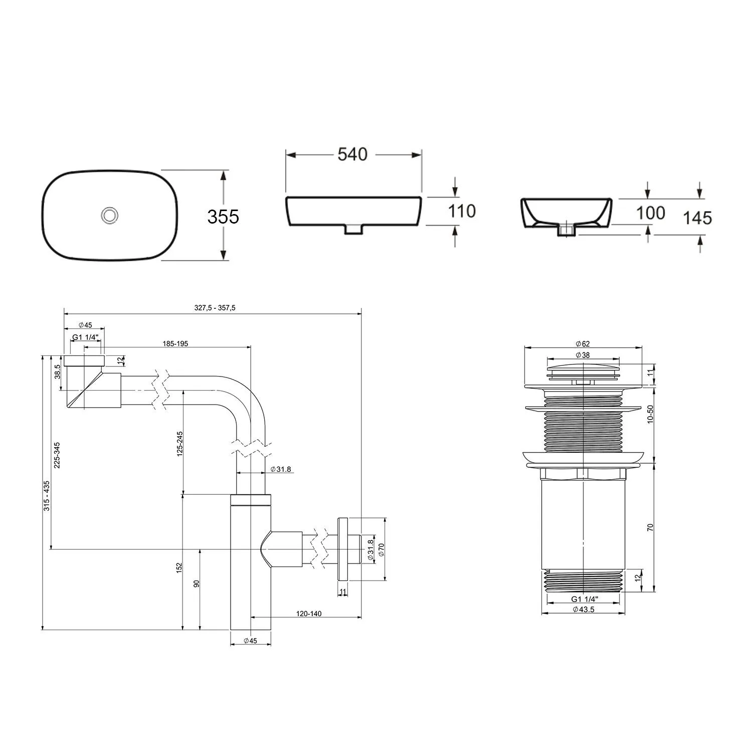 Комплект 3 в 1 Lavinia Boho Bathroom Sink 21520105: накладная фарфоровая  раковина 54 см, металлический сифон, донный клапан купить в Москве