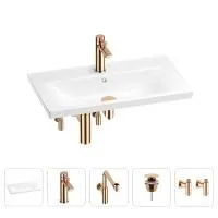 Раковина для ванной Wellsee FreeDom 201004974 в наборе 5 в 1: раковина белого глянцевого цвета, смеситель, сифон, донный клапан, угловые вентили (цвет набора розовое золото)