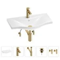 Раковина для ванной Wellsee Bisou 201005278 в наборе 5 в 1: раковина белого глянцевого цвета, смеситель, сифон, донный клапан, угловые вентили (цвет набора золото)