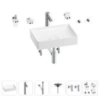 Раковина для ванной Wellsee Pure BY Wellsee 201006411 в наборе 9 в 1: раковина белого глянцевого цвета, высокий смеситель, сифон, выпуск, угловые вентили, аксессуары (цвет хром)