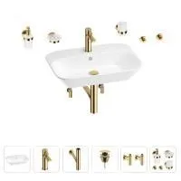 Раковина для ванной Wellsee Eclatant 201007478 в наборе 9 в 1: раковина белого глянцевого цвета, смеситель, сифон, донный клапан, угловые вентили, аксессуары (цвет набора золото)