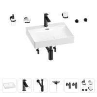 Раковина для ванной Wellsee DeSire 201007552 в наборе 9 в 1: раковина белого глянцевого цвета, смеситель, сифон, выпуск, угловые вентили, аксессуары (цвет набора матовый черный)