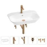 Раковина для ванной Wellsee Eclatant 201005404 в наборе 5 в 1: раковина белого глянцевого цвета, смеситель, сифон, донный клапан, угловые вентили (цвет набора розовое золото)