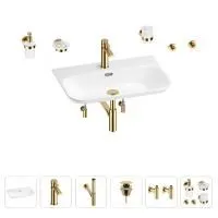 Раковина для ванной Wellsee Eclatant 2.0 201007538 в наборе 9 в 1: раковина белого глянцевого цвета, смеситель, сифон, донный клапан, угловые вентили, аксессуары (цвет набора золото)