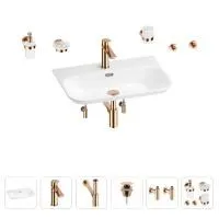 Раковина для ванной Wellsee Eclatant 2.0 201007504 в наборе 9 в 1: раковина белого глянцевого цвета, смеситель, сифон, донный клапан, угловые вентили, аксессуары (цвет набора розовое золото)