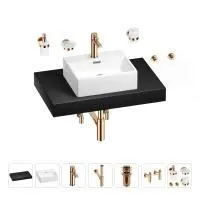 Раковина 43 см со столешницей 80 см Wellsee Graceful Pro 201012209 в наборе 10 в 1: столешница, раковина, смеситель, сифон, донный клапан, угловые вентили, аксессуары (цвет розовое золото)