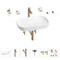 Раковина для ванной Wellsee Croquis 201005669 в наборе 9 в 1: раковина белого глянцевого цвета, высокий смеситель, сифон, выпуск, угловые вентили, аксессуары (цвет розовое золото)