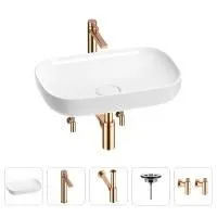 Раковина для ванной Wellsee Croquis 201003959 в наборе 5 в 1: раковина белого глянцевого цвета, высокий смеситель, сифон, выпуск, угловые вентили (цвет набора розовое золото)