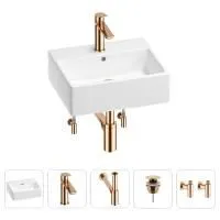 Раковина для ванной Wellsee Graceful Pro 201004579 в наборе 5 в 1: раковина белого глянцевого цвета, смеситель, сифон, донный клапан, угловые вентили (цвет набора розовое золото)