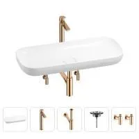 Раковина для ванной Wellsee Croquis 201004034 в наборе 5 в 1: раковина белого глянцевого цвета, высокий смеситель, сифон, выпуск, угловые вентили (цвет набора розовое золото)