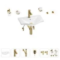 Раковина для ванной Wellsee Bisou 201007103 в наборе 9 в 1: раковина белого глянцевого цвета, смеситель, сифон, донный клапан, угловые вентили, аксессуары (цвет набора золото)
