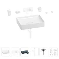 Раковина для ванной Wellsee Pure BY Wellsee 201006430 в наборе 8 в 1: раковина белого глянцевого цвета, встраиваемый смеситель, сифон, выпуск, аксессуары (цвет набора матовый белый)