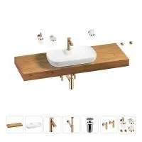 Раковина 60 см со столешницей 140 см Wellsee Croquis 2.0 201008814 в наборе 10 в 1: столешница, раковина, смеситель, сифон, выпуск, угловые вентили, аксессуары (цвет розовое золото)