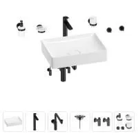 Раковина для ванной Wellsee Pure BY Wellsee 201006432 в наборе 9 в 1: раковина белого глянцевого цвета, высокий смеситель, сифон, выпуск, угловые вентили, аксессуары (цвет матовый черный)