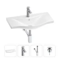 Раковина для ванной Wellsee Bisou 201003661 в наборе 4 в 1: раковина белого глянцевого цвета, смеситель, сифон, донный клапан (цвет набора хром)