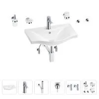 Раковина для ванной Wellsee Bisou 201007266 в наборе 9 в 1: раковина белого глянцевого цвета, смеситель, сифон, донный клапан, угловые вентили, аксессуары (цвет набора хром)