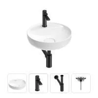 Раковина для ванной Wellsee Chalice Perfection 201002482 в наборе 4 в 1: раковина белого глянцевого цвета, смеситель, сифон, выпуск (цвет набора матовый черный)